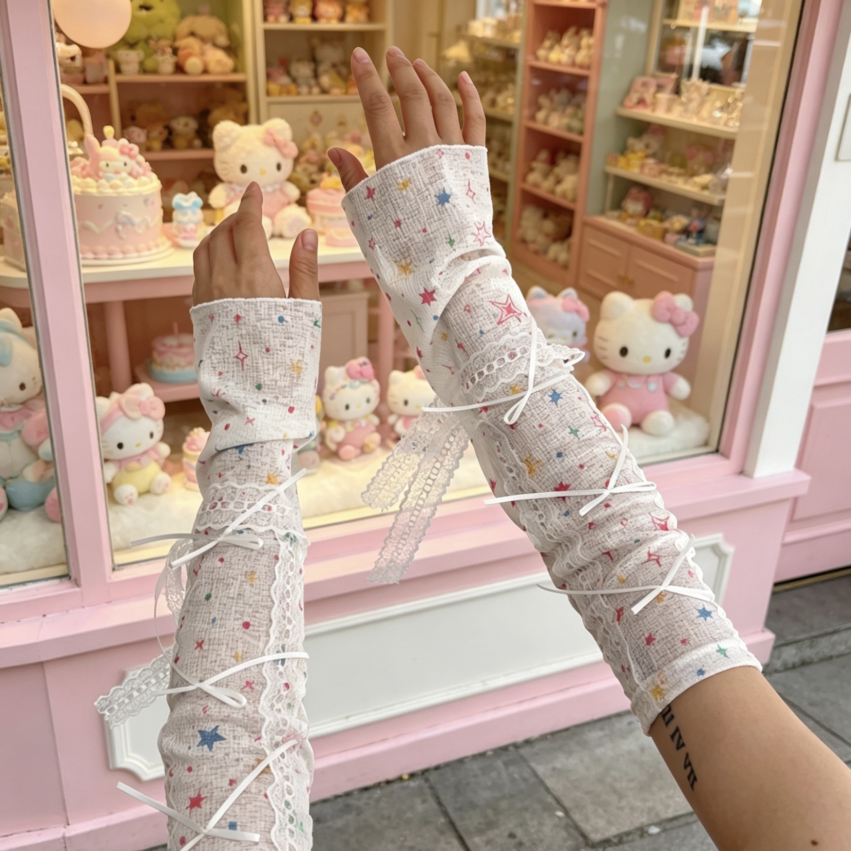 Kawaii Star Print Lace Arm Sle - Fingerless Glove Knit avis et prix