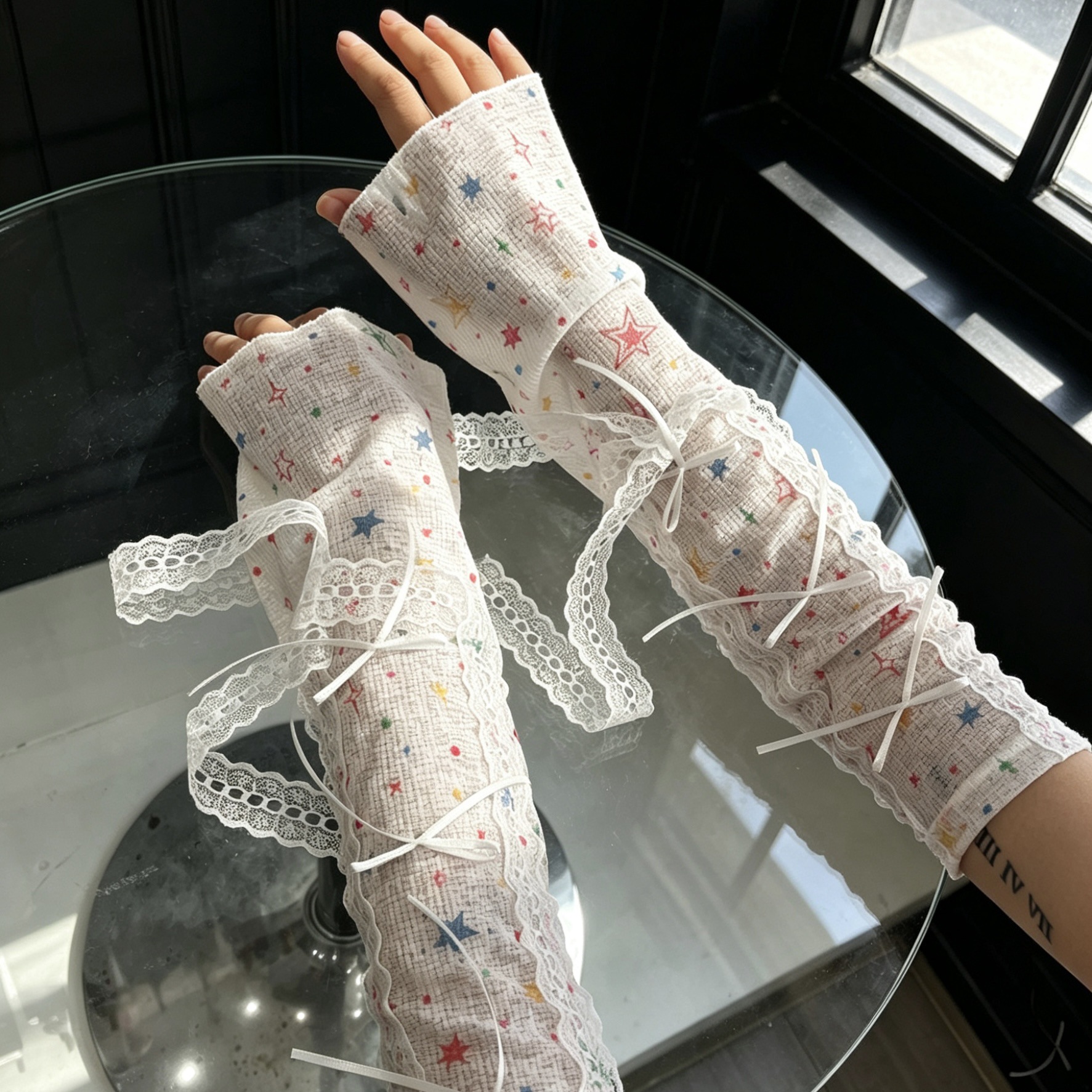 Kawaii Star Print Lace Arm Sle - Fingerless Glove Knit avis et prix